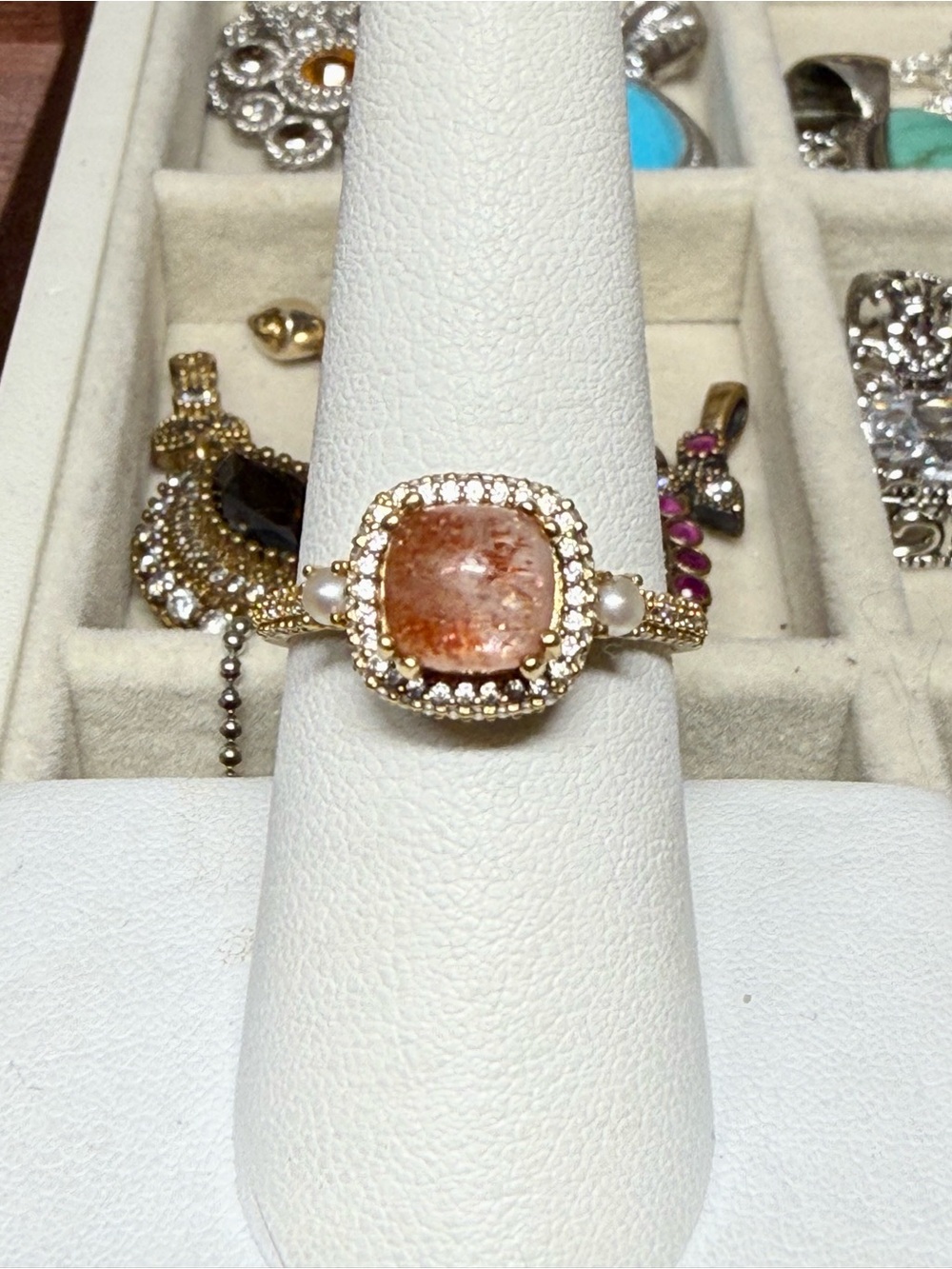 Gold Sunstone Halo Ring with Pearl Accents - Women Jewelry